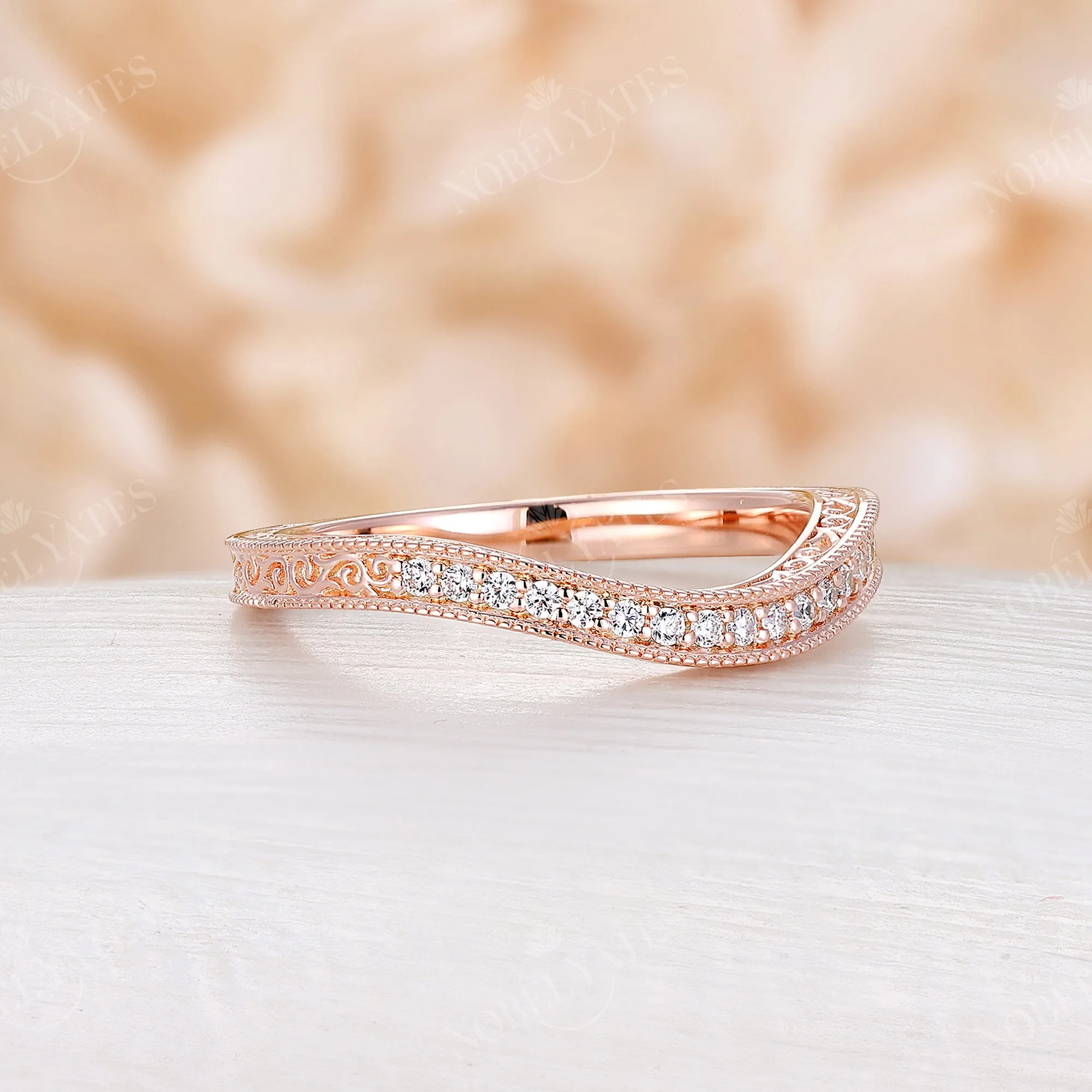 Vintage Round Moissanite Rose Gold Milgrain Curved Wedding Band