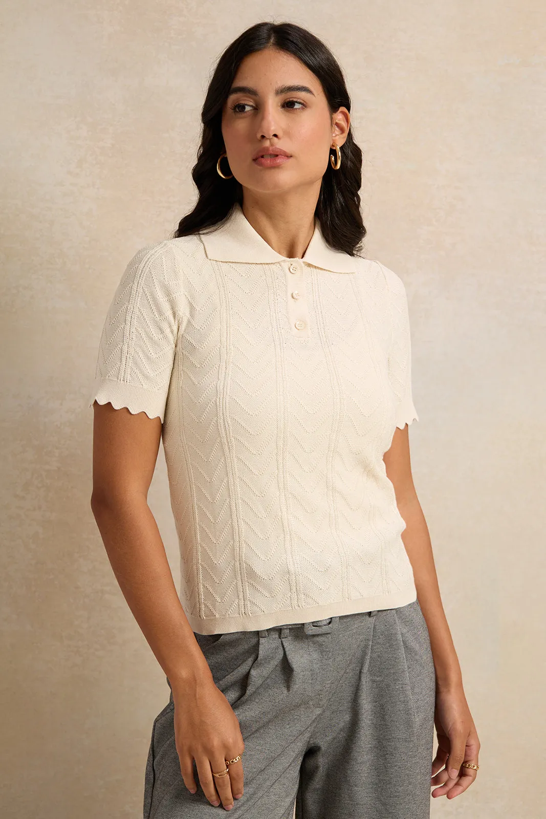 Women Beige Textured Polo Top