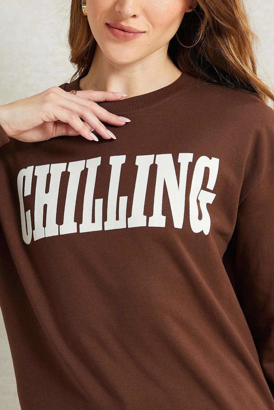 Women Brown Printed Sweatshirt