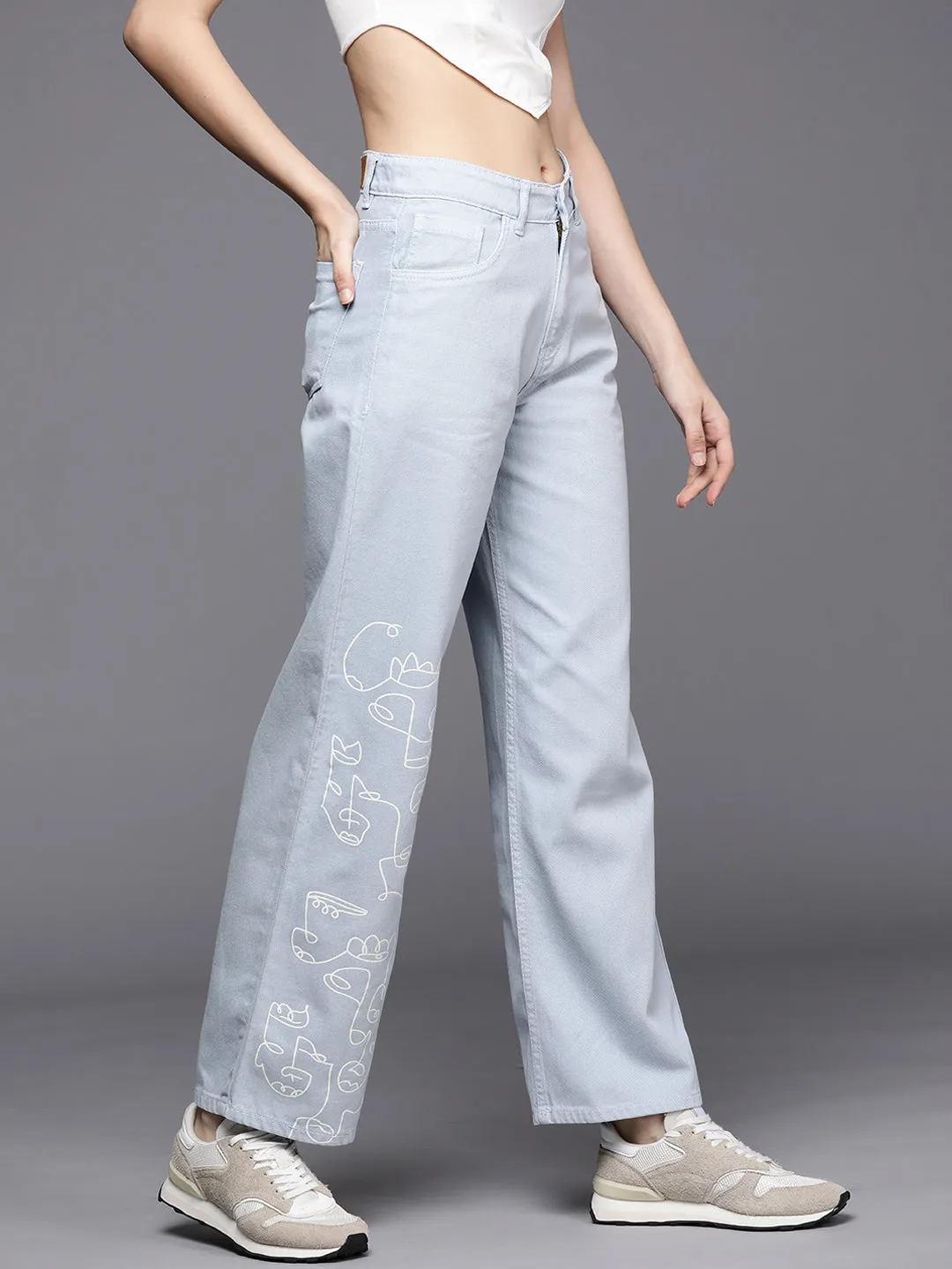 Women Ice Blue Line Art Print Straight Jeans