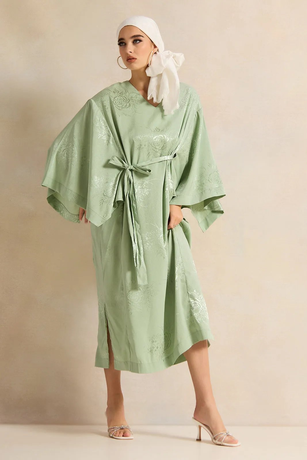 Women Mint Belted Jacquard Dress