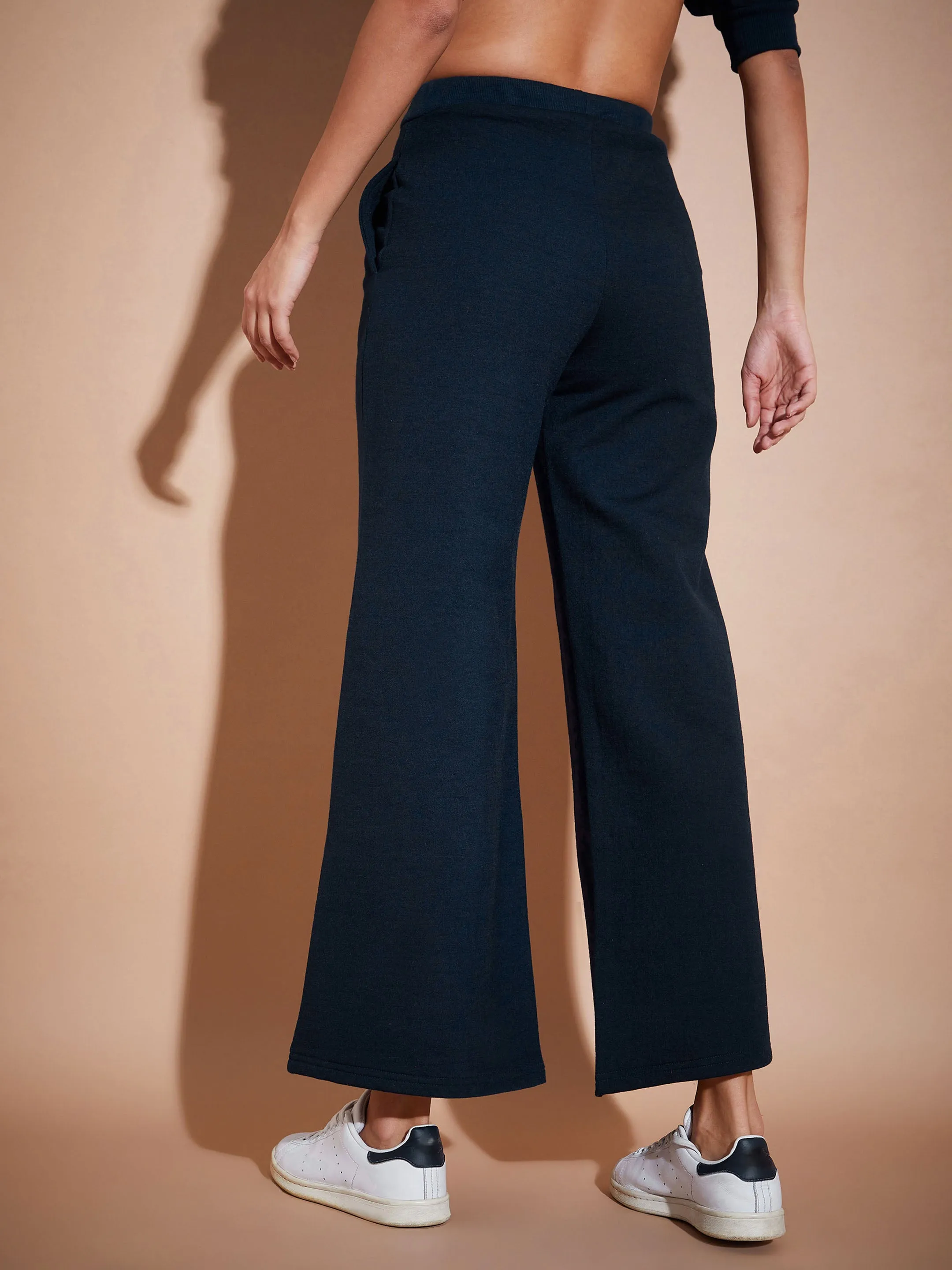 Women Navy Fleece Wide Leg Track Pants