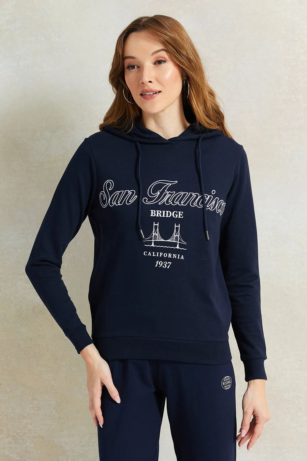 Women Navy Print Hooded Sweatshirt