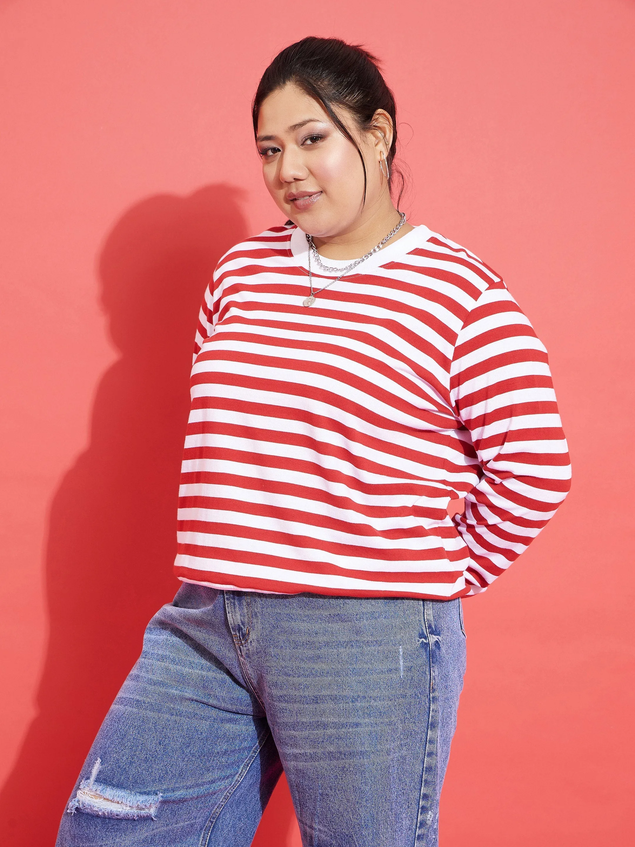 Women Red & White Fleece Striped Sweatshirt