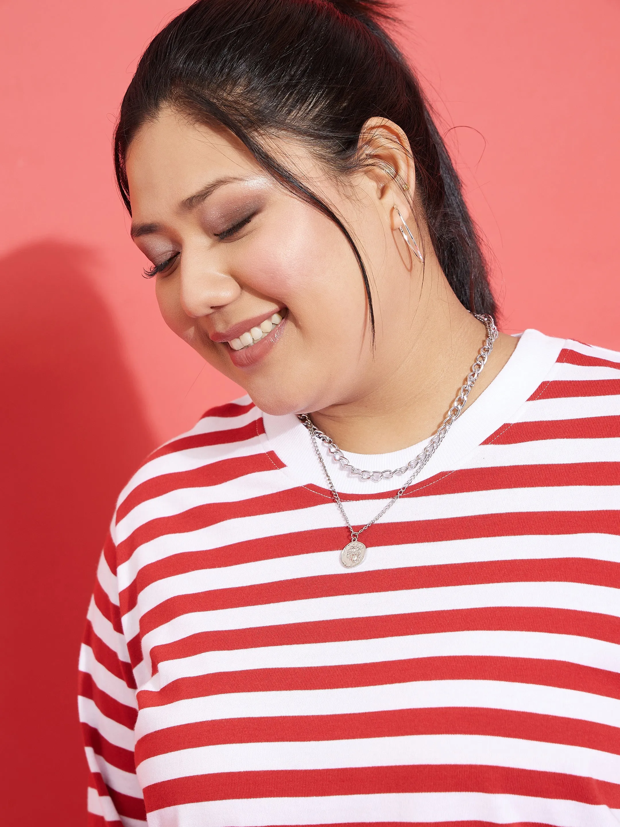 Women Red & White Fleece Striped Sweatshirt