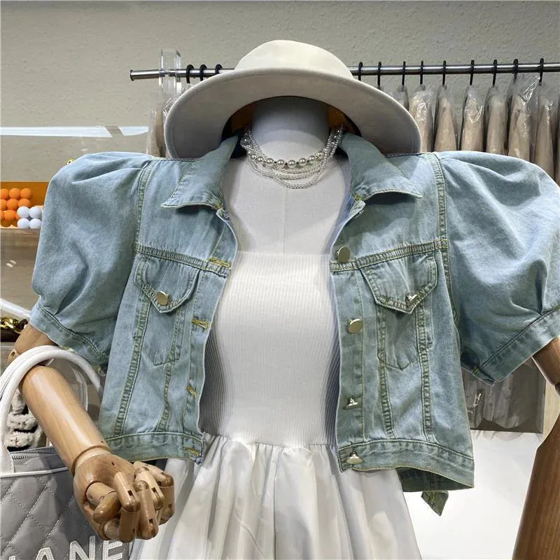 Women Short Denim Jacket Autumn Puff Sleeve Crop Top