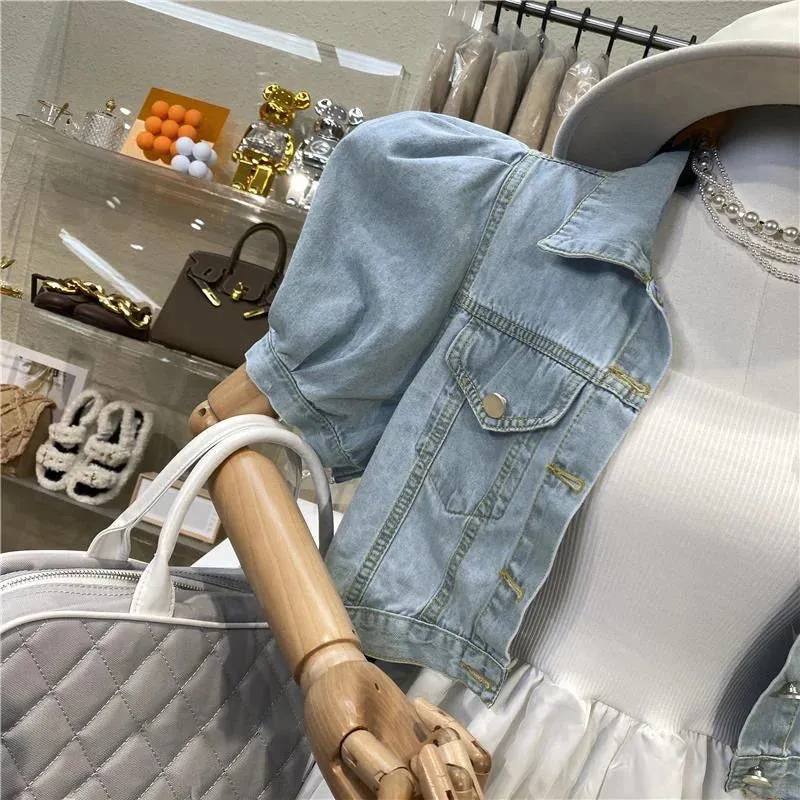 Women Short Denim Jacket Autumn Puff Sleeve Crop Top