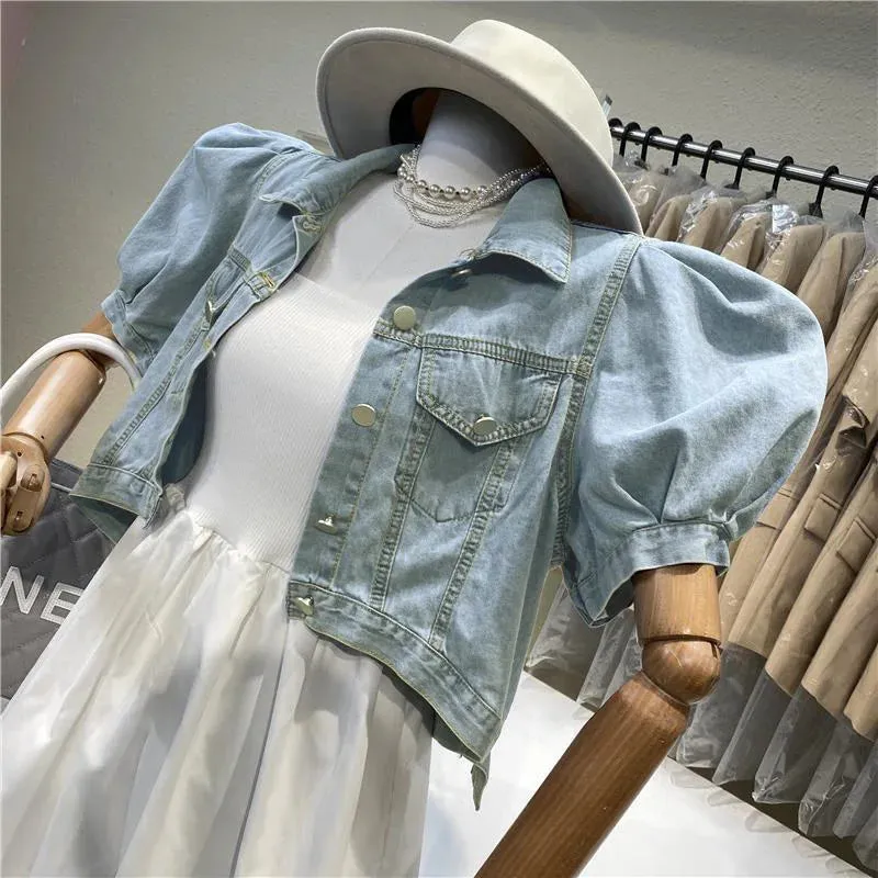 Women Short Denim Jacket Autumn Puff Sleeve Crop Top