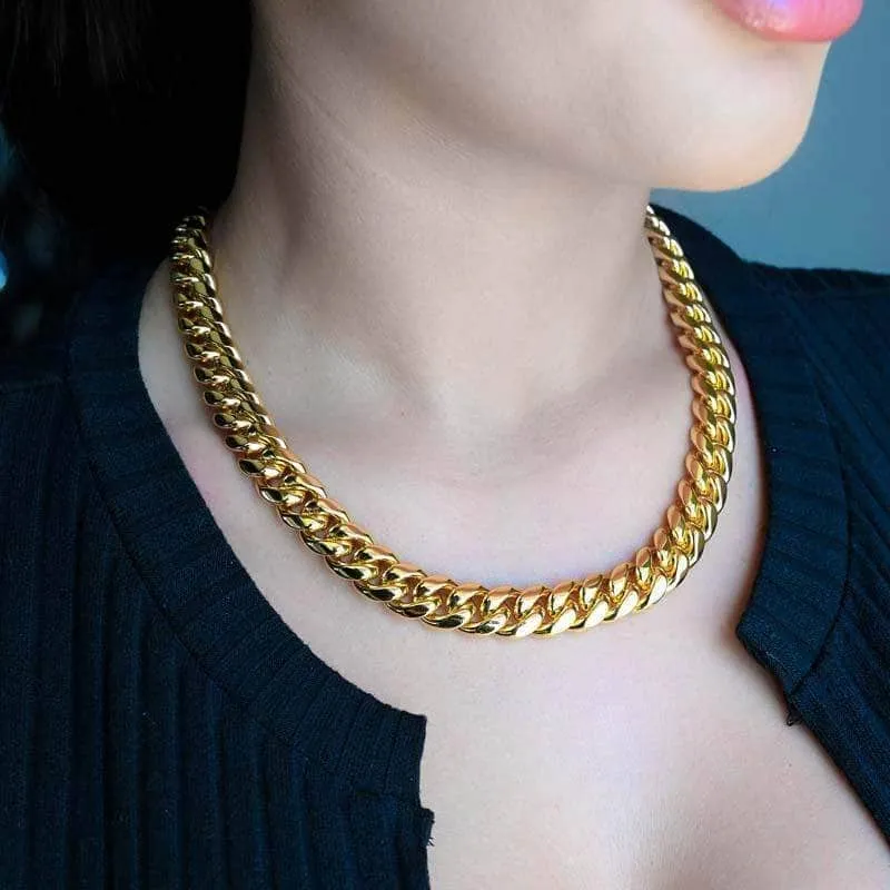 Womens 12mm Gold Miami Cuban Link Chain