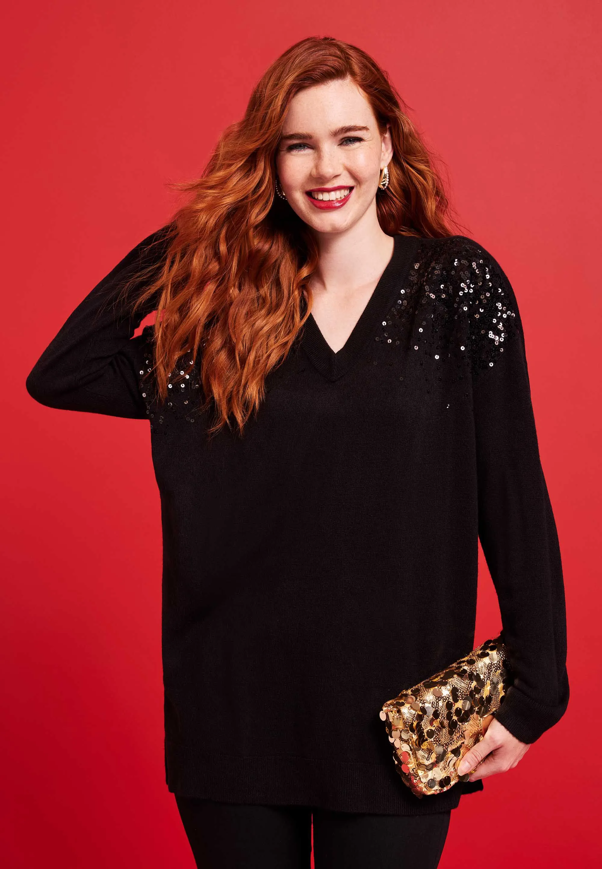 Womens Black Sequin V Neck Tunic Jumper