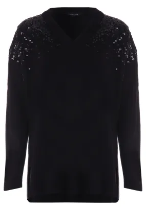 Womens Black Sequin V Neck Tunic Jumper