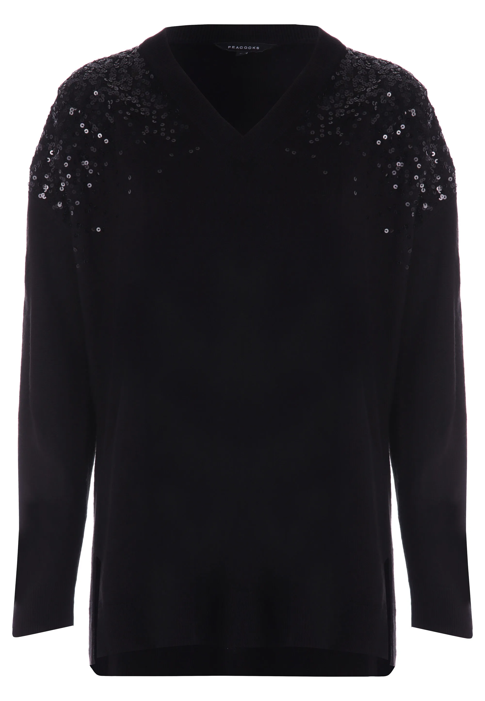 Womens Black Sequin V Neck Tunic Jumper