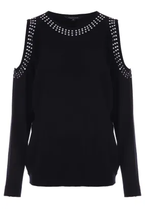 Womens Black Studded Cold Shoulder Jumper