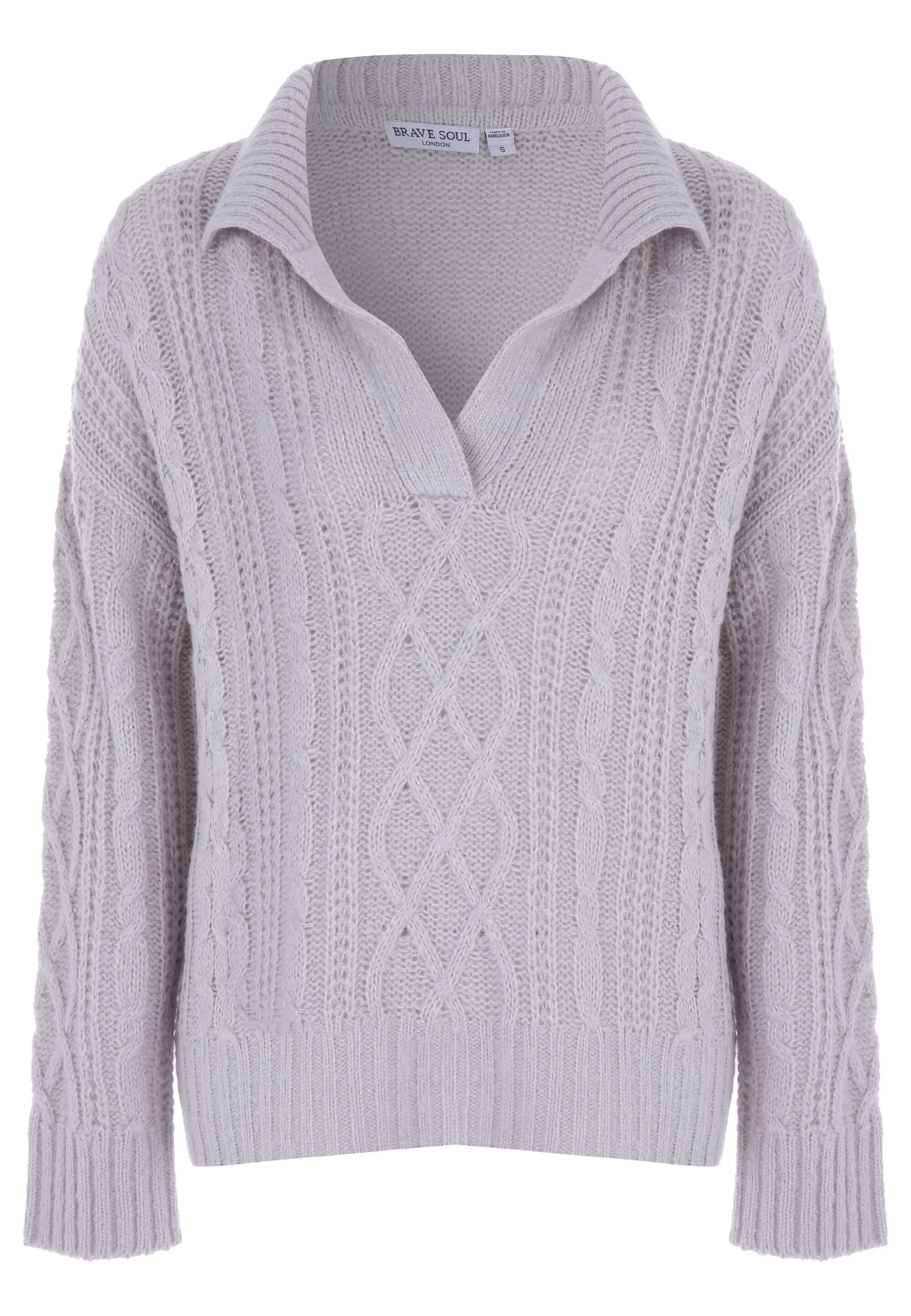 Womens Light Grey Cable Knit Collared Jumper