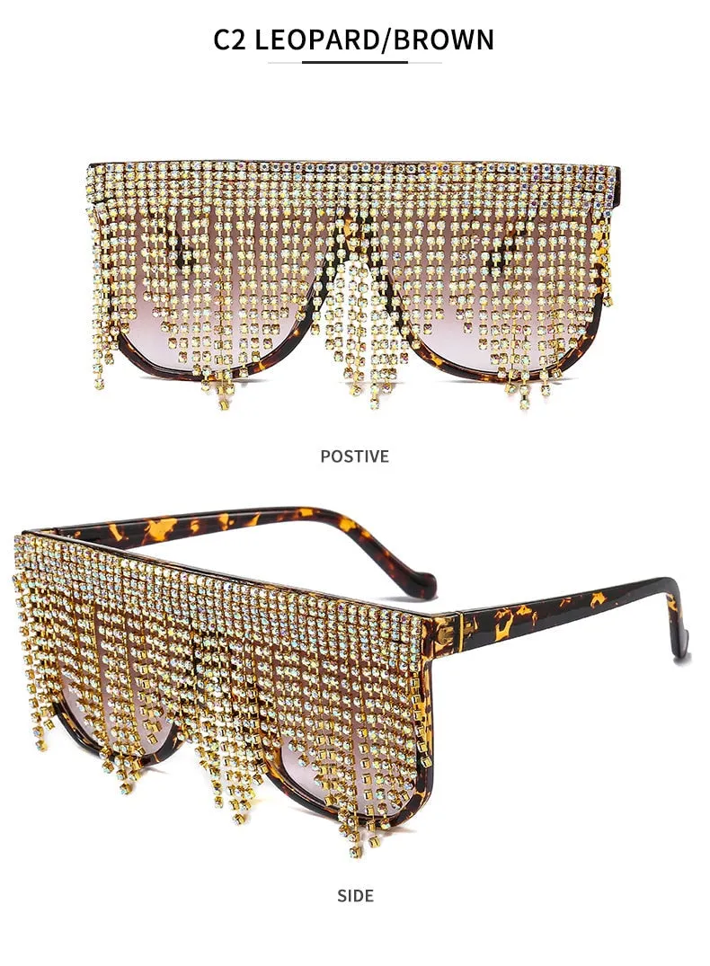 Women's Oversized Goggle Style Tassel Diamond One Piece Sunglasses