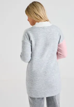 Womens Pink & Grey Colour Block Wave Jumper