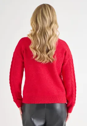 Womens Red Cable Knit Zip Jumper