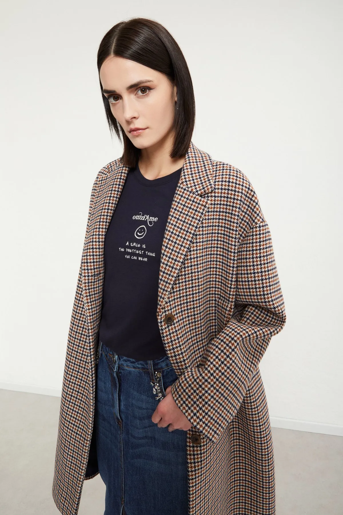 Wool-blend check coat